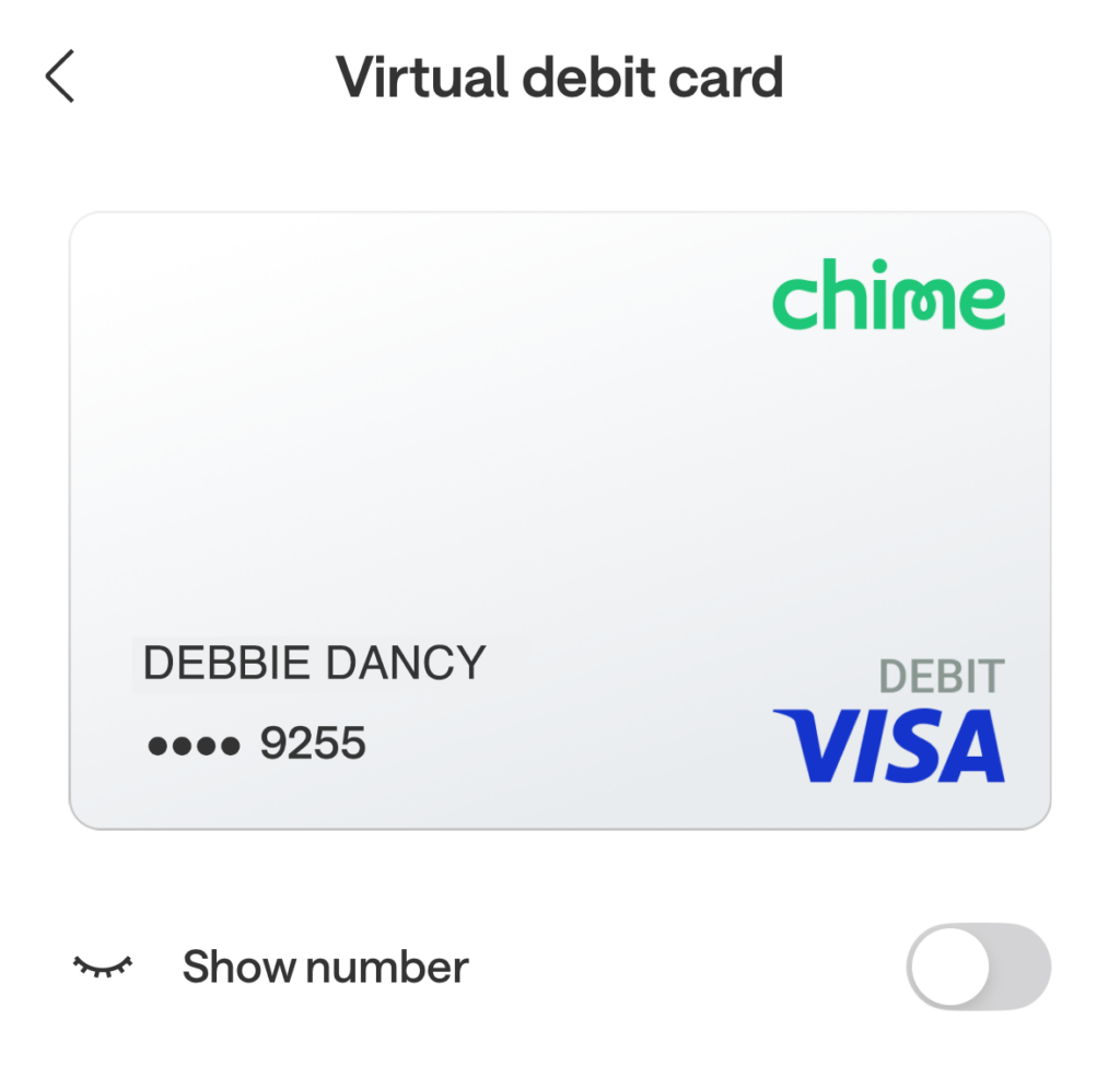 Chime virtual debit card