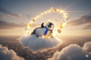 Illustration of a penguin floating on a cloud surrounded by glowing coins, representing self-driving money and automated financial progress.