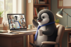 Piere Moves update illustration showing the Piere penguin working at a desk during a video call.