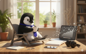 Illustration of a penguin sitting at a desk with a phone and laptop, representing digital distraction and the struggle to focus.