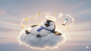 happy piere penguin floating on a cloud surrounded by money icons, representing the feeling of relief when self driving money removes financial stress