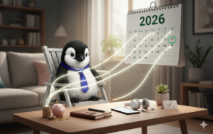 A wide banner featuring the Piere penguin in a purple tie, sitting at a desk and looking at a large 2026 calendar as glowing lines connect his financial goals, symbolizing forward-thinking habits.