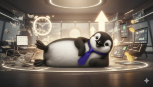 Illustration of the Piere penguin interacting with automated financial systems, representing self-driving money managing tasks in the background.