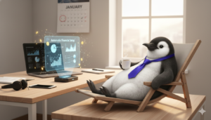 Illustration of a relaxed penguin sitting in a chair with coffee, representing money management running automatically in the background.