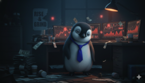 A wide banner of a penguin wearing a purple tie, looking exhausted and slumped over a desk in a dark room with multiple computer monitors showing red financial charts and "Rise & Grind" posters, illustrating the link between burnout and financial stress.