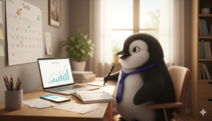 Illustration of the Piere penguin reviewing a calendar and financial charts, representing year-end reflection and self-driving money.