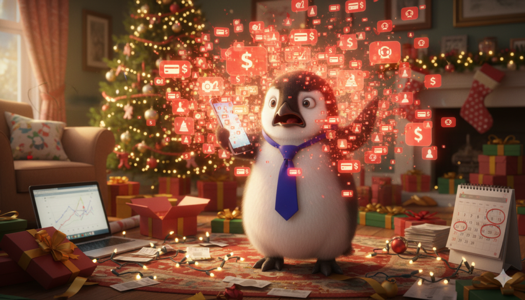 Illustration of the Piere penguin surrounded by holiday spending notifications, representing money stress during the holidays.