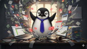 A wide banner of a penguin wearing a purple tie, looking stressed and overwhelmed by a cluttered desk full of financial paperwork and bills, illustrating the difficulty of manual money management.