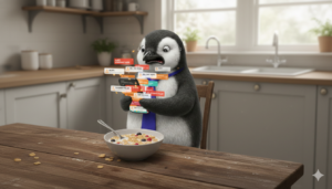Piere’s penguin mascot sitting at a kitchen table surrounded by overflowing phone notifications to represent financial overwhelm.