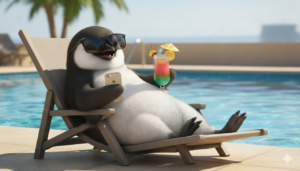 Piere the penguin relaxing on a lounge chair by a pool with sunglasses and a drink.