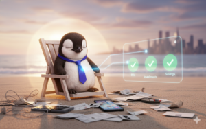 A wide banner of the Piere penguin in a purple tie standing before two diverging paths: one cluttered with complex control panels and the other a single, clear, glowing arrow pointing forward, symbolizing the desire for fewer decisions.
