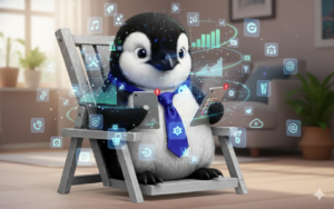 A wide banner of a penguin in a purple tie sitting in a chair, looking slightly overwhelmed while surrounded by floating digital icons representing various streaming, music, and software subscriptions.