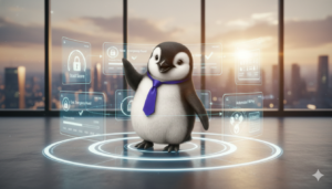 A wide banner of the Piere penguin in a purple tie standing confidently in a modern, transparent office setting with glowing digital rings of protection around him, symbolizing secure and trustworthy financial automation.
