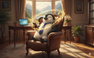 Piere the penguin relaxing in an armchair while his laptop handles his finances automatically, illustrating self-driving money.