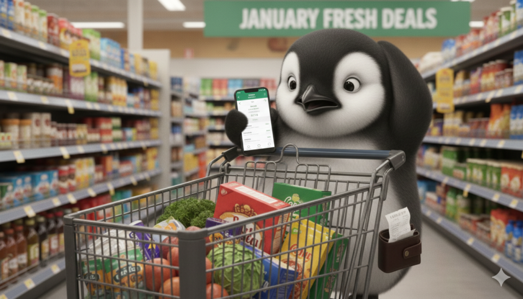 The Piere penguin in a blue tie walking through a grocery store aisle, looking thoughtfully at a shopping list while pushing a cart filled with groceries, representing the balance of daily spending and saving goals.