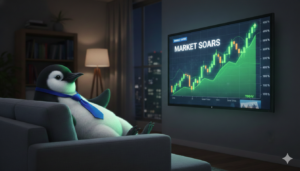 The Piere penguin in a blue tie sitting comfortably on a living room couch, watching a television screen that displays an upward-trending market graph and the headline "MARKET SOARS," representing the disconnect between positive economic news and personal financial planning.