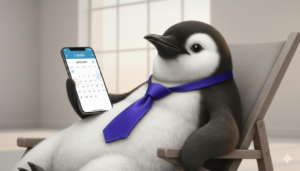 A close-up shot of the Piere penguin in a blue tie, relaxing in a chair while holding a smartphone that displays a clear January 2026 calendar, representing organized financial planning for the new year.
