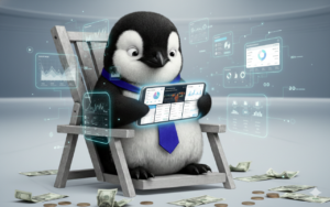 A wide banner of the Piere penguin in a blue tie, looking frazzled as he holds a smartphone with multiple holographic app icons and financial screens floating around him in a chaotic circle.
