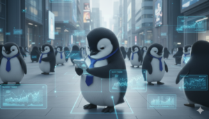 A wide banner featuring the Piere penguin in a blue tie standing in a bustling, futuristic city street, focused on his smartphone as other similar penguins walk past digital financial data displays.
