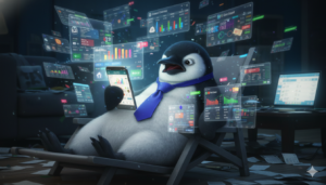 A wide banner featuring the Piere penguin in a blue tie, looking overwhelmed while surrounded by multiple glowing digital screens and a smartphone showing complex financial charts and banking apps.