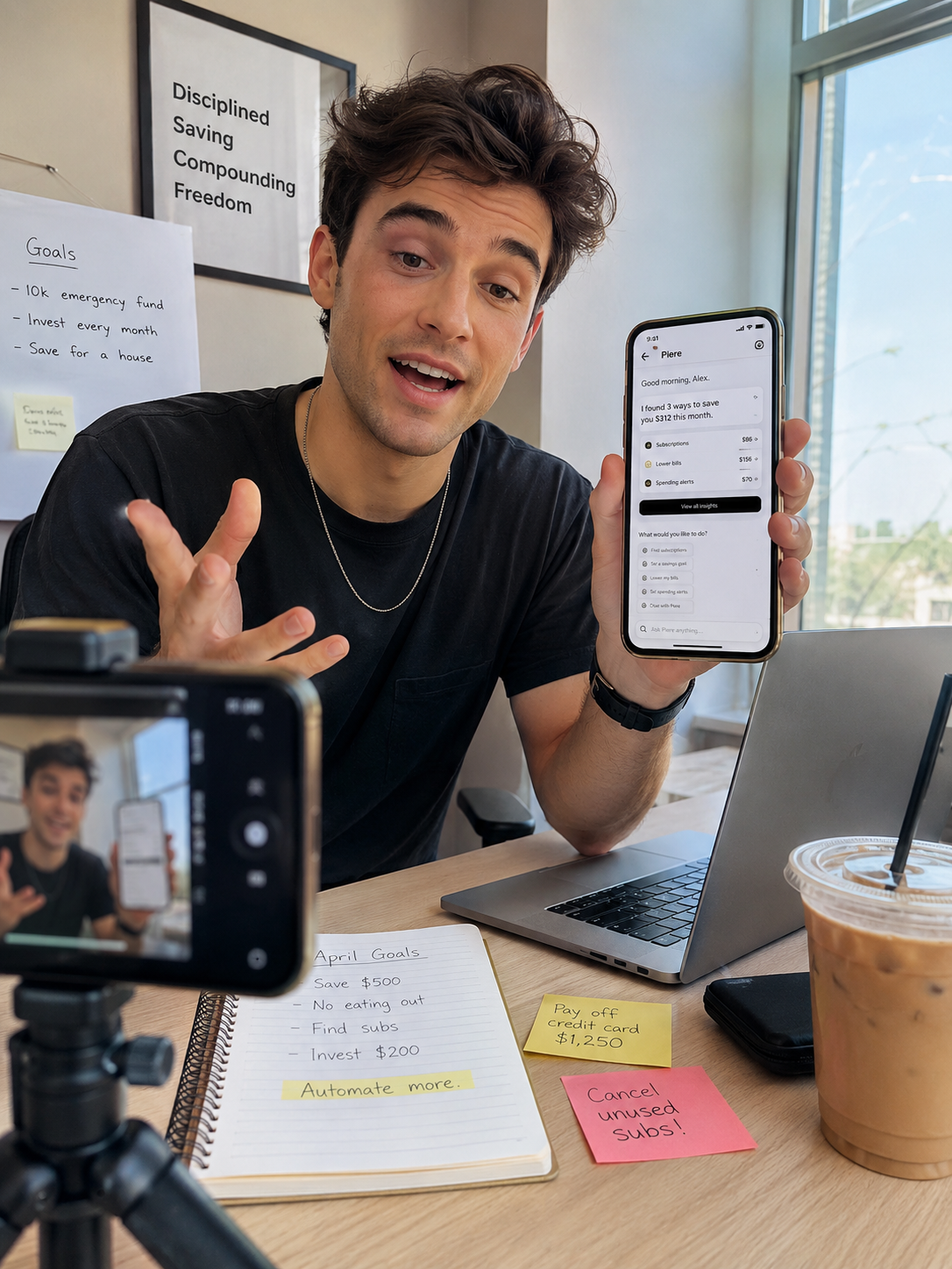 A finance creator reviewing Piere on camera